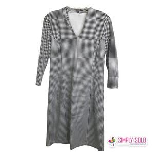 J. McLaughlin Women's A-Line Dress 3/4 Sleeve Black White Gingham Plaid V-Neck S